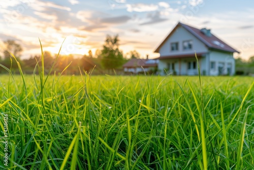 A serene sunset behind a house with a vibrant green lawn in the foreground.