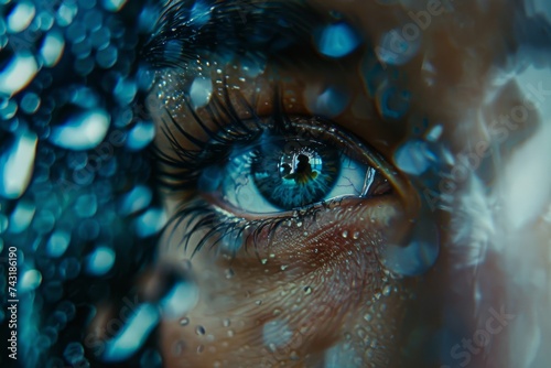 A close-up of a blue eye with water droplets reflecting light.