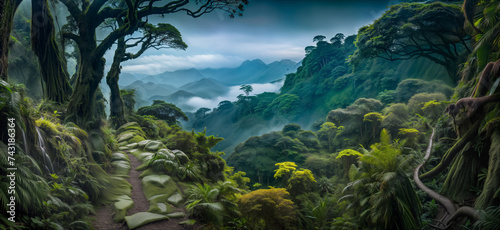 panorama view of tropical rainforest. Panoramic landscape of green jungle, Tropical rain forest jungle photo