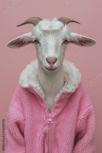 Surreal portrait of a goat dressed in a pink shirt against a pink background.  ©  valentinaphoenix