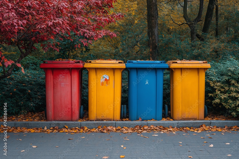 Four color trash cans (garbage bin) in the park beside the walk way