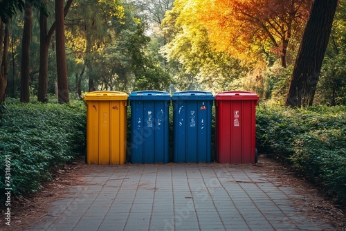 Four color trash cans (garbage bin) in the park beside the walk way