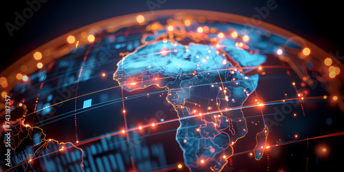 Digital world globe centered on Africa, concept of global network and connectivity on Earth, data transfer and cyber technology, information exchange and international telecommunication