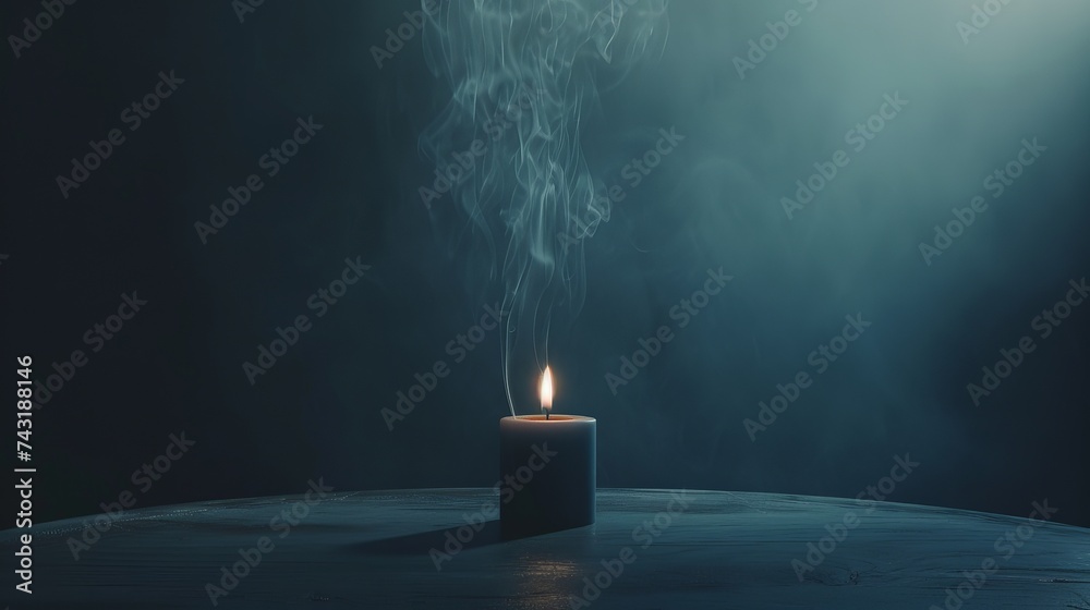 A candle emits a smoky, atmospheric haze as it burns on a tabletop, creating a moody and evocative scene. The dim lighting and swirling smoke add an air of mystery and intrigue to the ambiance