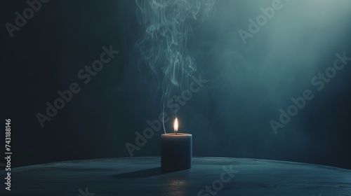 A candle emits a smoky, atmospheric haze as it burns on a tabletop, creating a moody and evocative scene. The dim lighting and swirling smoke add an air of mystery and intrigue to the ambiance