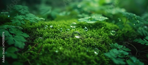 Detailed view of water droplets resting on vibrant green moss  showcasing natures intricate beauty through textures and colors. The droplets glisten under natural light  enhancing the contrast against