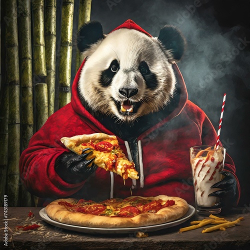 Illustration of a panda bear eating pizza.
 photo