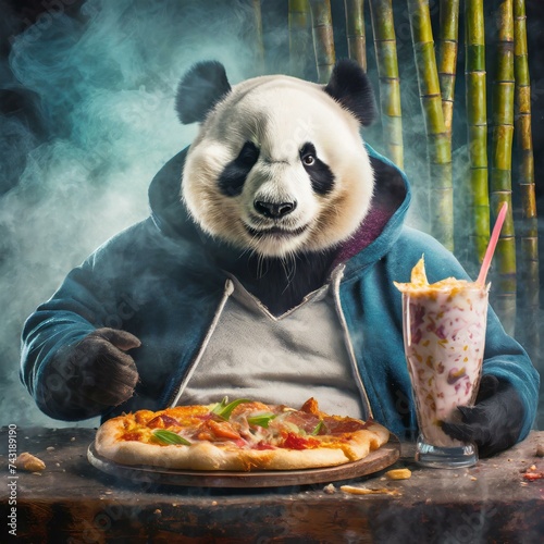 Illustration of a panda bear eating pizza.
 photo