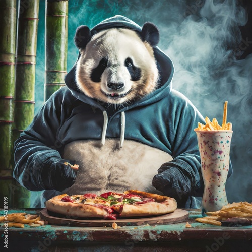 Illustration of a panda bear eating pizza.
 photo