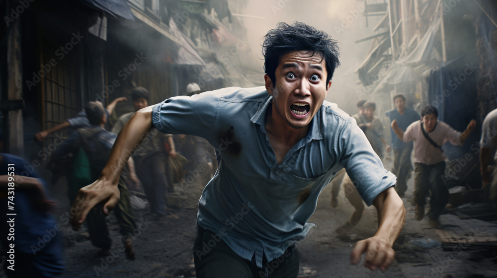 fearful asian man running with crowd in the background - obrazy, fototapety, plakaty 