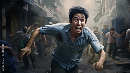 fearful asian man running with crowd in the background