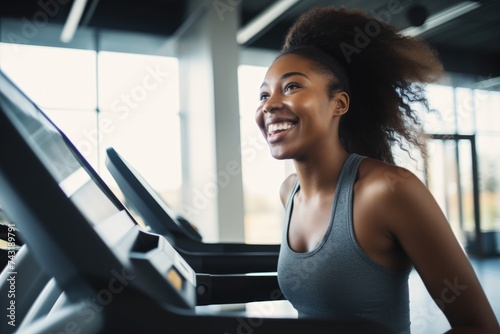 Joyful Workout Session. Smiling African American woman running on a treadmill in a gym.