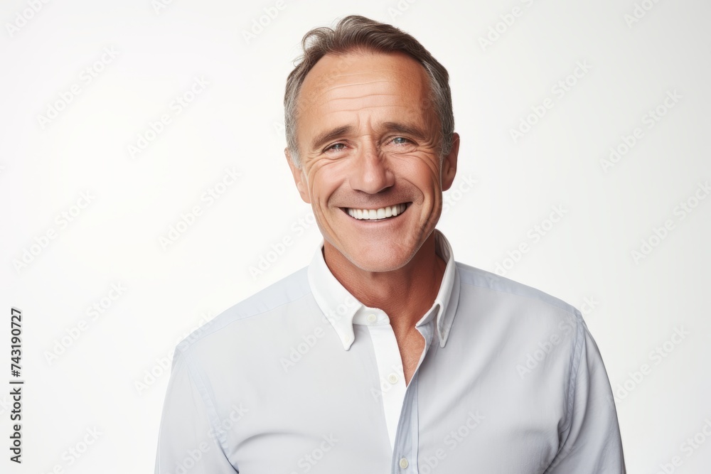 Portrait of handsome mature man smiling and looking at camera against white background Portrait of handsome mature man smiling and looking at camera against white background