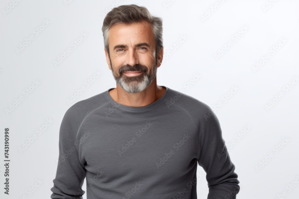 Handsome middle-aged man looking at camera and smiling while standing against grey background Handsome middle-aged man looking at camera and smiling while standing against grey background
