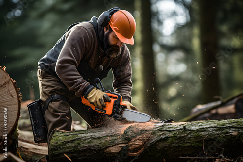 Lumberjack cutting some wood in the woods with a saw, lumberjack, wood cutting