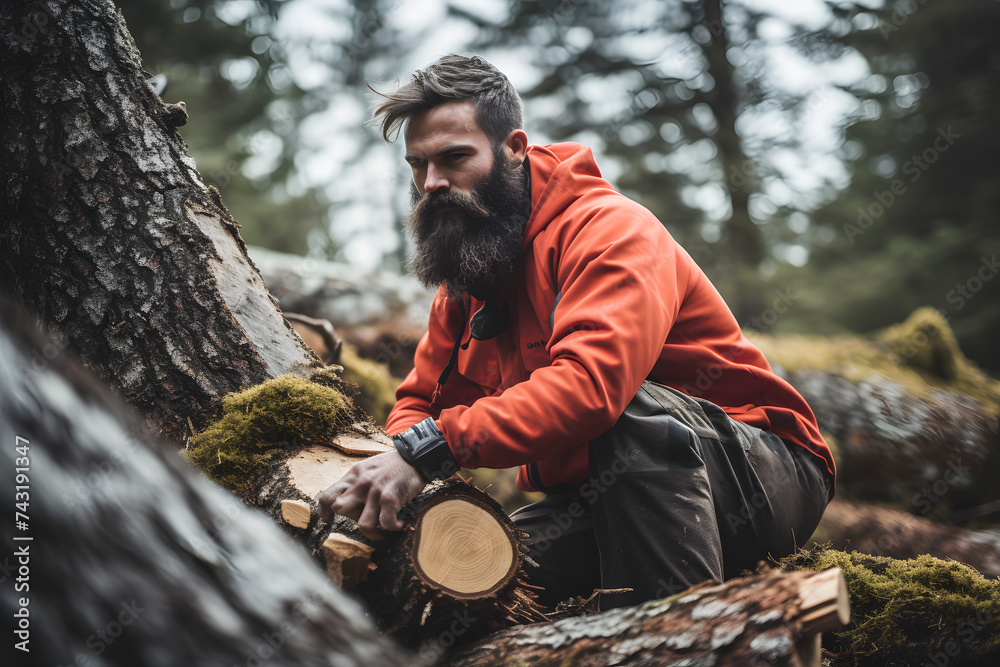 Fototapeta premium Lumberjack cutting some wood in the woods with a saw, lumberjack, wood cutting