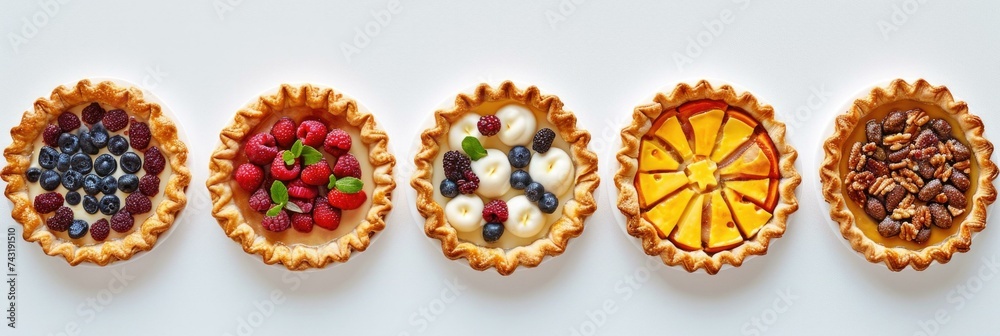 A row of pies with fruit on top. Generative AI.