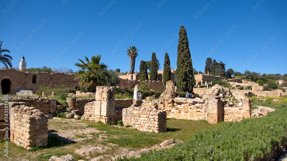 Ancient walls and foundations in the Roman Villas, part of the Carthaginian ruins in Tunis, Tunisia