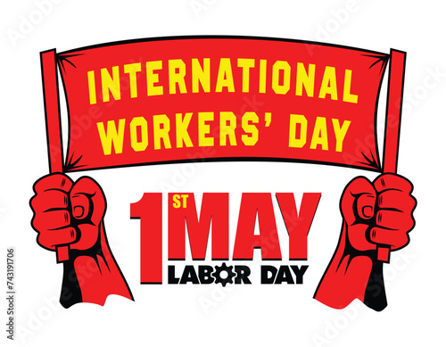 Labor Day poster header template.Vector message with helmet in comic sstyle on transparent background photo