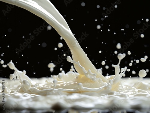 A milk splash is being poured into a glass. Generative AI.
