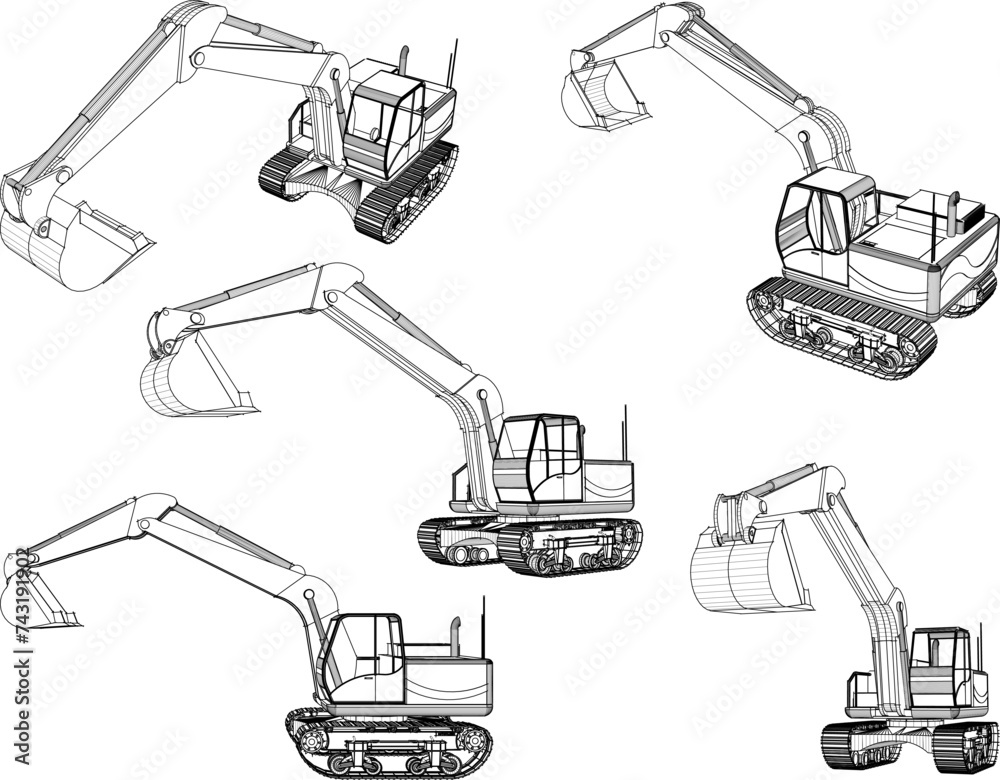 Vector sketch illustration of the design of an excavator heavy equipment for digging excavated land - obrazy, fototapety, plakaty 
