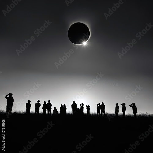 Silhouette of a crowd of people in a grassy field watching a total sun eclipse