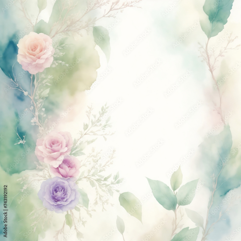 beautiful delicate spring watercolor graphic with delicate leaves and pink flowers and space for text