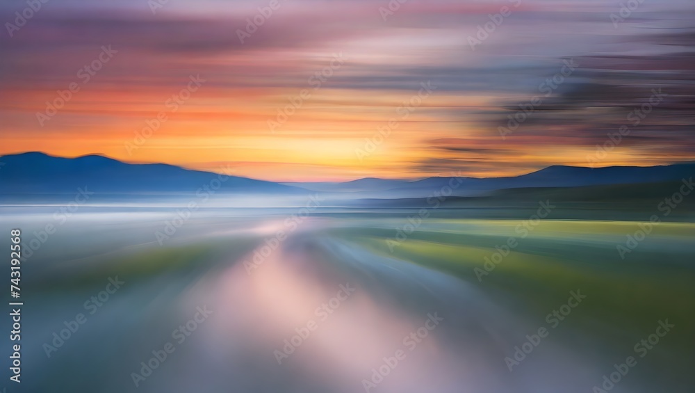 A photograph transformed into a total blur, where the evening colors merge into a peaceful, abstract twilight. generative AI