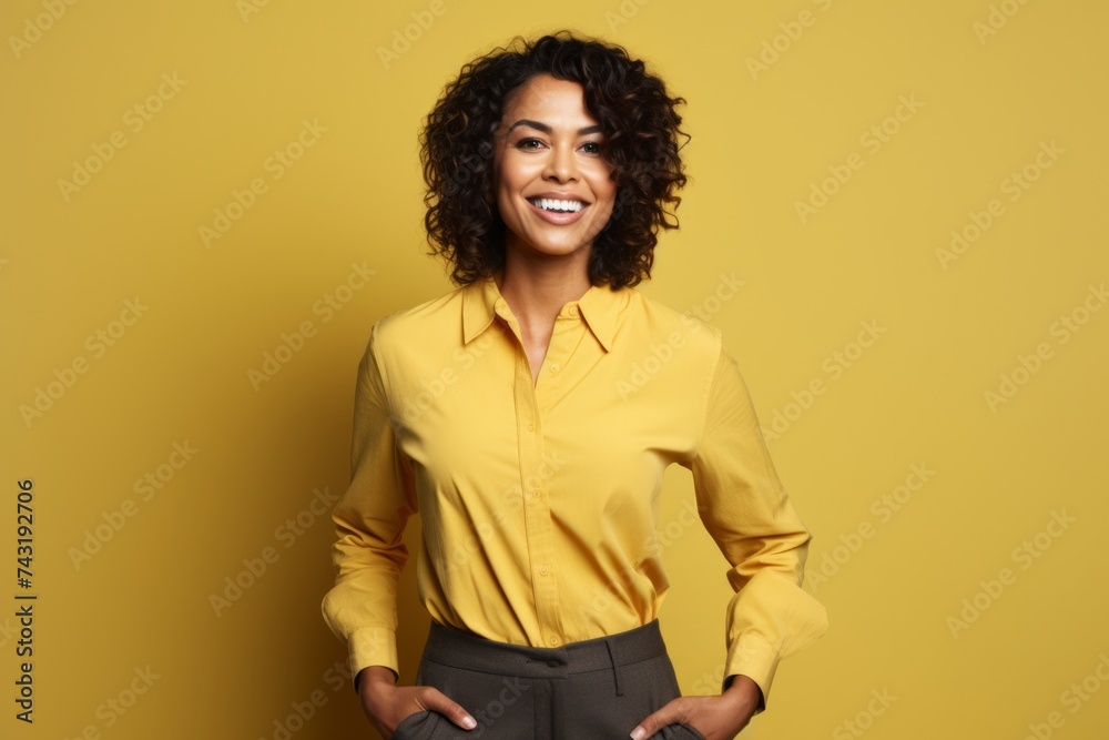 Portrait of happy african american businesswoman in yellow shirt Portrait of happy african american businesswoman in yellow shirt