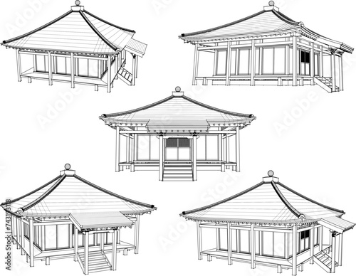 Vector sketch illustration of traditional Japanese ethnic sacred temple building construction design