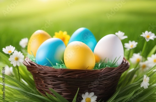 Holiday celebration banner with cute Easter decorated eggs in basket and spring flowers on green spring meadow. Flowers in landscape. Happy Easter greeting card, banner, festive background.Copy space.