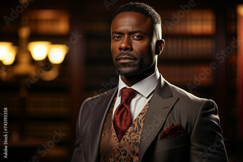 Stylish rich afro-american businessman poses in suit and tie