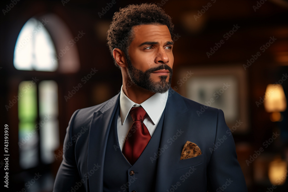 Stylish afro-american businessman in suit and tie looks rich and luxurious