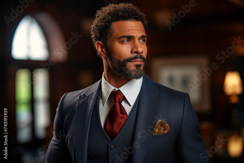 Stylish afro-american businessman in suit and tie looks rich and luxurious photo