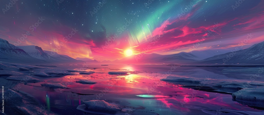 A painting depicting a colorful sky filled with vibrant Aurora borealis lights contrasting with ice formations below. The sky is alive with vivid hues while the ice adds a sense of coolness and