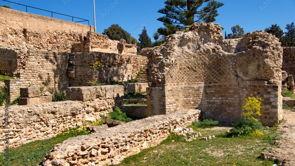 Curved wall and foundations in the Carthaginian ruins in Tunis, Tunisia