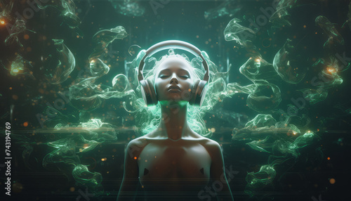 Female AI android with closed eyes wearing headphones on dark turquoise background. Robot woman submerged in an ethereal, fantasy and virtual water scene. Artificial intelligence concept. photo