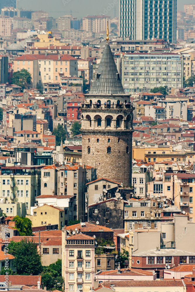 Ancient Stone Tower in Istanbul, Byzantine Architecture Amidst Urban Cityscape, Famous Galata Landmark