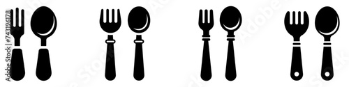 Baby cutlery icons set. Black and white silhouette of a baby fork and spoon.