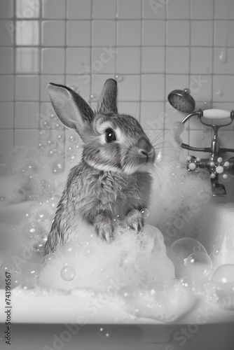 Playful Black and White Poster of a Bunny in a Bubble Bath, Ideal for Bathroom 