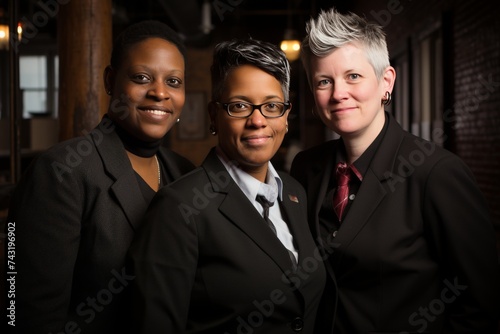 Three women in suits and ties pose for a photo