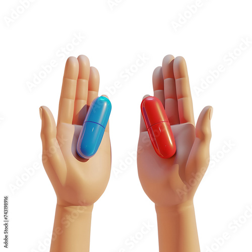 Cute Cartoon Hand Holding Blue and Red Pills in Simple 3D Illustration, Isolated on Transparent Background, PNG