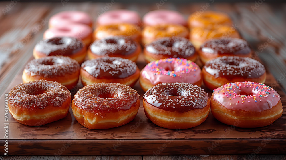 Various types of donuts are displayed on the cutting board