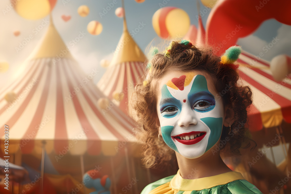 Happy child clown on background stripes tent of circus. Show and childish entertainment. Circus canopy performance. Girl character in clown makeup. Funny clown on holiday - obrazy, fototapety, plakaty 