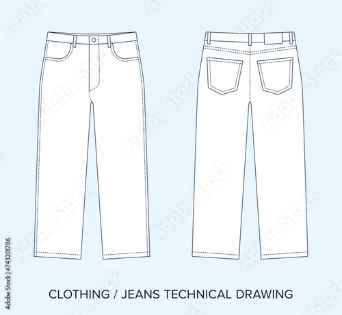 Blank Denim Jeans Technical Drawing, Apparel Blueprint for Fashion Designers. Detailed Editable Vector Illustration, Black and White Clothing Schematics, Isolated Background. 