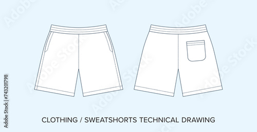 Blank Sweatshorts Technical Drawing, Apparel Blueprint for Fashion Designers. Detailed Editable Vector Illustration, Black and White Shorts Clothing Schematics, Isolated Background. 
