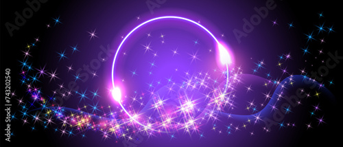 Fantastic background with neon glowing round frame and shiny light space portal into another dimension. Night glowing stars.