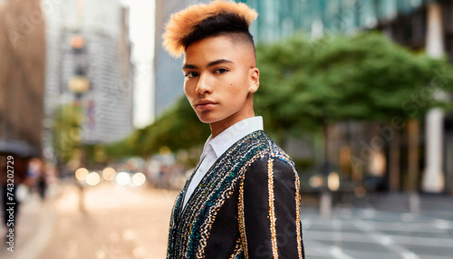 Handsome Nonbinary. Side view of self assured young androgynous male with short dyed hair in stylish clothing standing on street and looking at camera with confidence.  eminine facial features photo