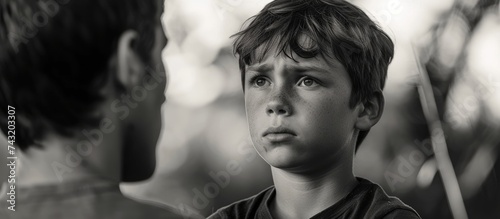 In this black and white scene, a young boy appears distressed while talking to another boy, potentially his elder sibling. The boy seems on the verge of tears as the other person listens intently.