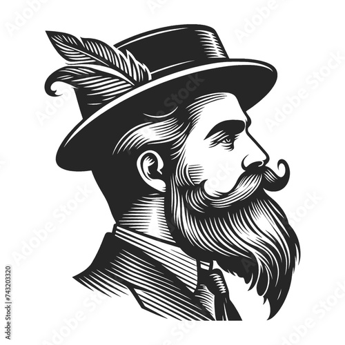 Old fashioned gentleman with mustache beard and hat sketch engraving generative ai fictional character vector illustration. Scratch board imitation. Black and white image.